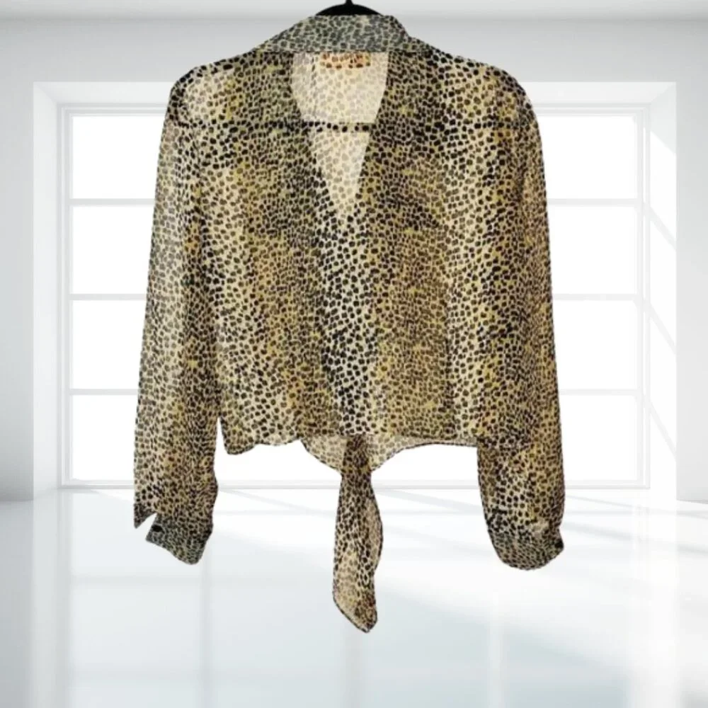 Vintage Tiramisu Sheer Leopard Print Tie-Front Blouse 90s Y2K Mob Wife Glam - Picture 3 of 7